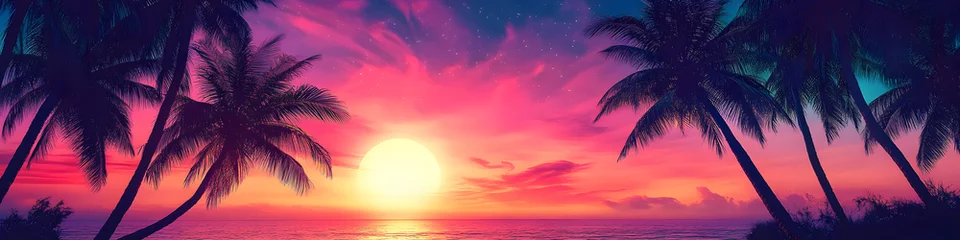 Selbstklebende Fototapeten Palms silhouettes at neon sunset sky. Night landscape with palm trees on beach. Creative trendy summer tropical background. Vacation travel concept. Retro, synthwave, retrowave style. Rave party © Jack