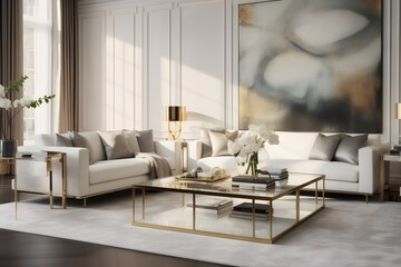 Luxurious living room interior with white sofa, gold accents, and large artwork.