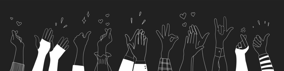 Doodle sketch hands up gestures comic icons silhouettes vector set. Group of line art fun comic hands in the air. Voting or happy congratulation audience recognition symbols.