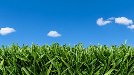 Obraz premium Vibrant Green Grass Under Blue Sky: Lush, vibrant green grass stretches to a bright blue sky dotted with fluffy white clouds, creating a tranquil and idyllic summer scene. 
