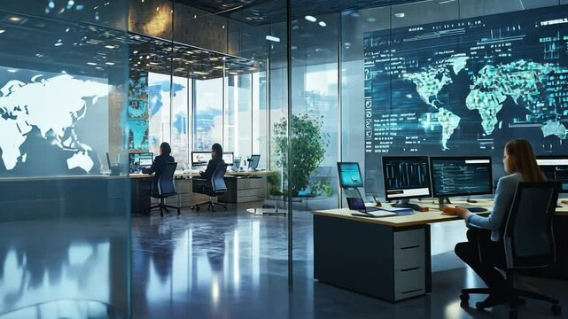 Global Network Security Team: A team of cybersecurity professionals work diligently in a modern office,  monitoring and protecting global networks.