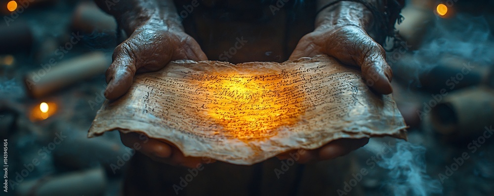 Poster hands holding ancient scrolls with soft ambient light concept of historic wisdom and knowledge