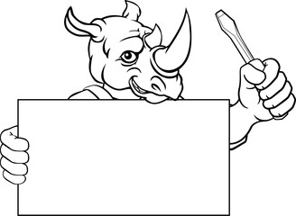 A rhino electrician handyman or other construction cartoon mascot man holding a screwdriver tool.