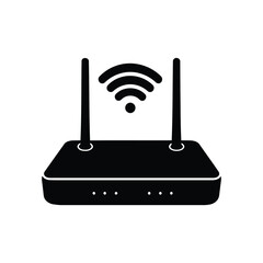 Silhouette of a router with black router icon and logo on white background