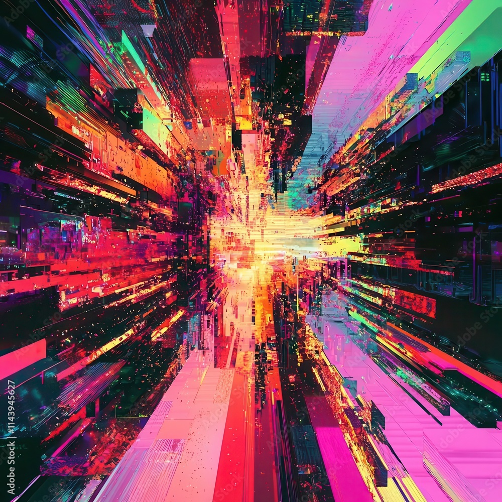 Poster screen damage, glitch texture, interface, blur error pattern, vibrant abstract representation of tec