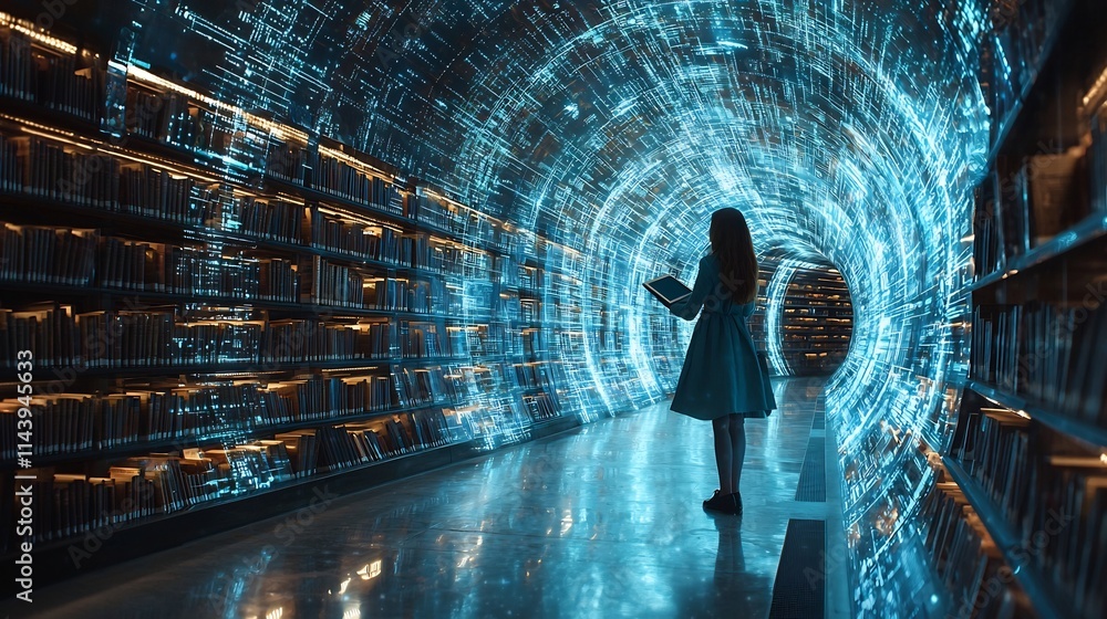 Poster exploring the digital library a futuristic journey through holographic bookshelves and knowledge con