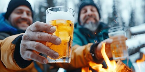 Friends toasting with glasses of beer around a cozy campfire, symbolizing warmth, friendship, and celebration in an outdoor winter setting.