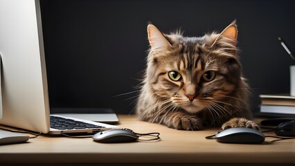 "Fierce Cat Hiding Behind Desk: Playfully Hunting a Computer Mouse, Fun Pet Portrait"

