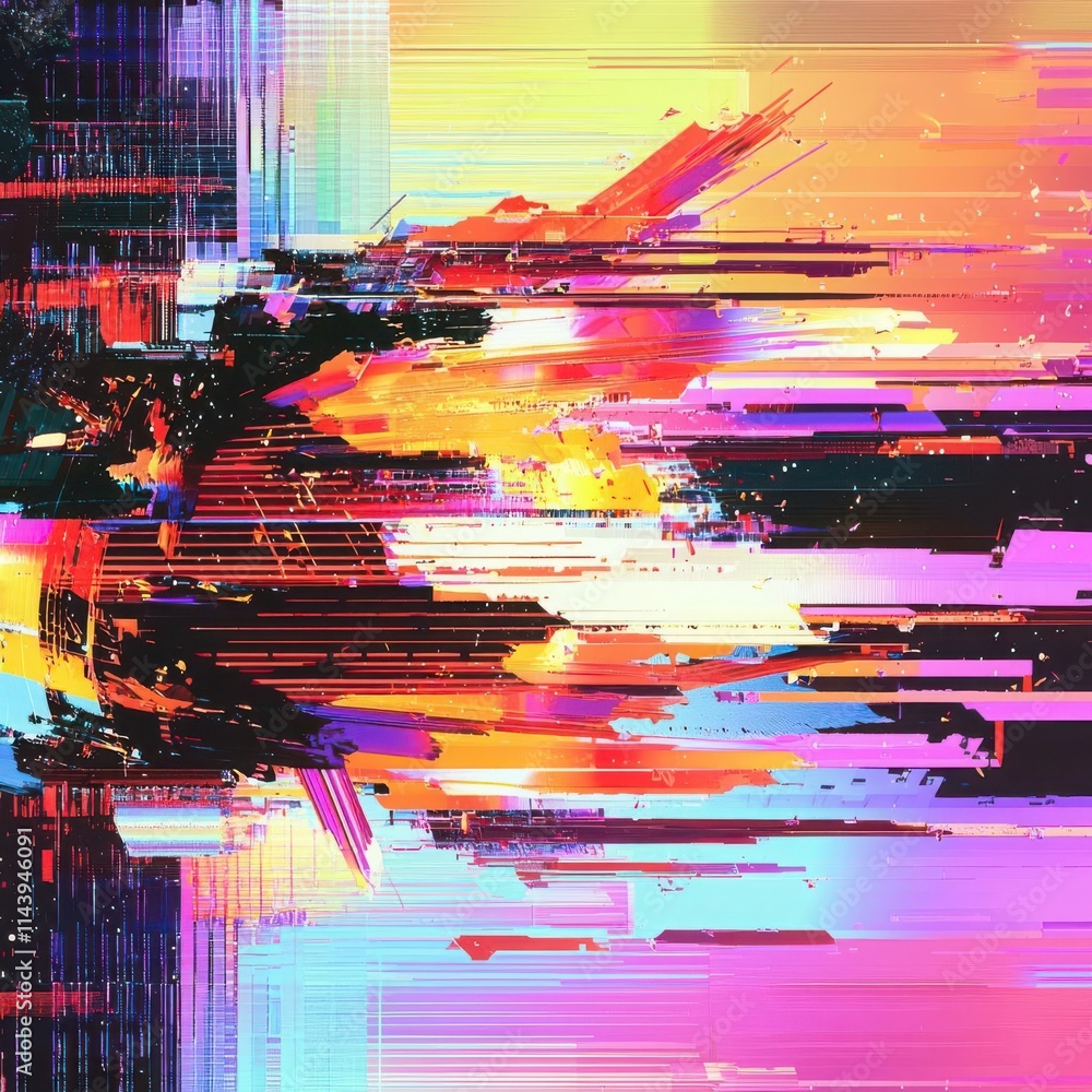 Poster screen damage, glitch texture, fragment data interface, dynamic pixel pattern, vibrant digital abstr