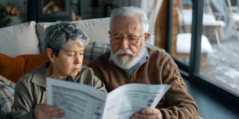 Elderly couple focused on paperwork, sharing responsibilities and reviewing documents together, symbolizing partnership and understanding.