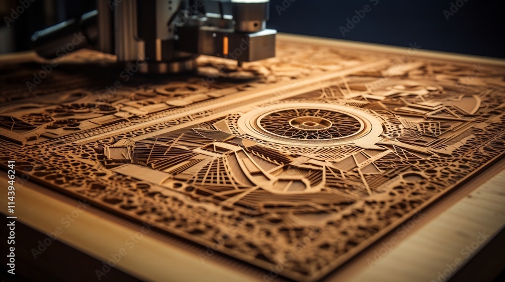 Poster a high tech laser engraving machine precisely carving intricate geometric designs and patterns on wo
