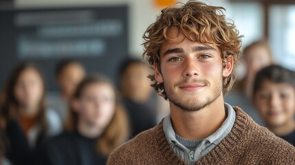 Fototapeta premium Confident High School Student Giving Presentation to Supportive Classmates in Modern Classroom