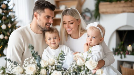 A family gathers around a Christmas tree, dressed in white, sharing smiles and togetherness in a beautifully decorated, festive home environment.