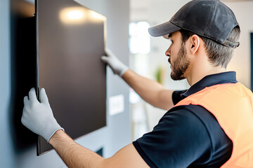 Technician mounting a flat-screen television on a white wall, focused on proper alignment, highlighting home improvement tasks. 