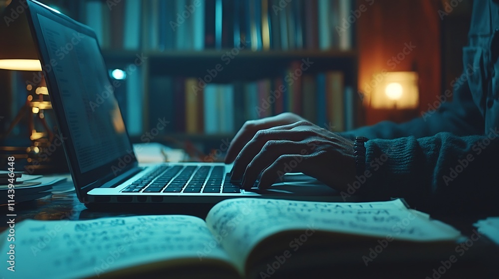 Poster and detailed close up shot of a hand typing on a laptop keyboard with scattered study notes and an o