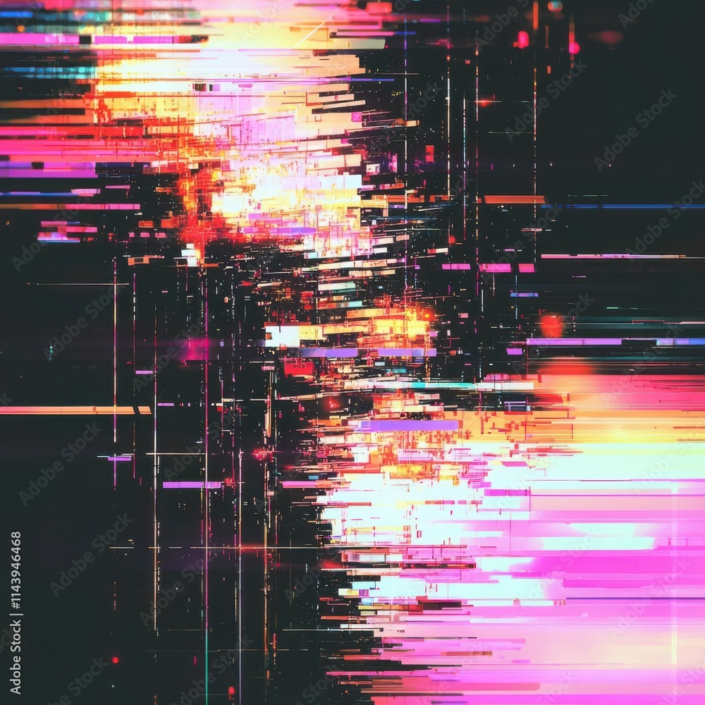 Poster screen damage, glitch texture, fragment blur error dynamic pixel pattern, modern digital art with co