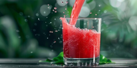 Close-up of vibrant red juice being poured into a glass, with droplets and bubbles captured in mid-air, creating a refreshing scene.
