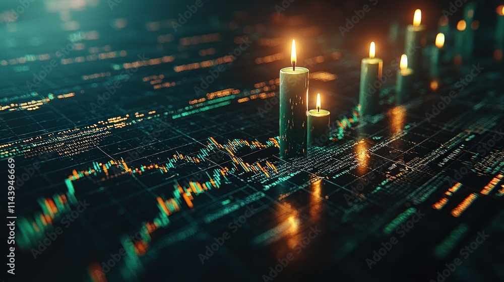 Poster digital financial chart with candles and data visualization.