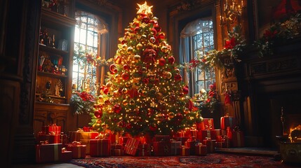 Fototapeta premium Beautifully decorated Christmas tree adorned with shimmering golden baubles twinkling fairy lights and neatly wrapped presents at the base creating a cozy and festive holiday atmosphere