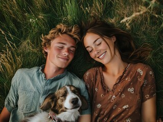 Obraz premium A couple lying on the grass with their dog, both relaxed and smiling, surrounded by nature.
