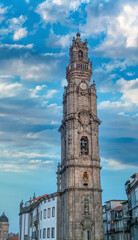 Fototapeta premium The iconic bell tower off the church of dos clerigos in the old town of Porto (Oporto), Portugal