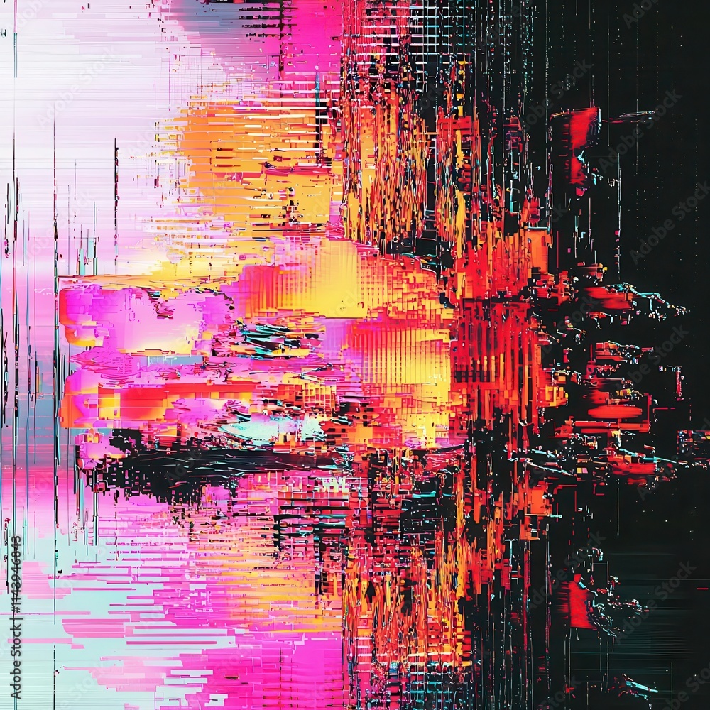 Poster screen damage, glitch texture, fragment data interface, dynamic pixel pattern, vibrant abstract art 