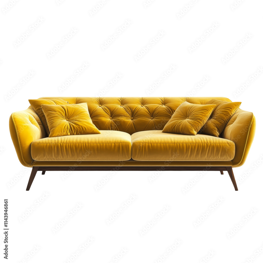 Poster stylish yellow tufted sofa with plush cushions set against a clean transparent background in a moder