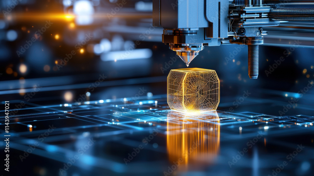 Poster modern digital workspace showcasing 3D printer creating glowing cube. intricate details and vibrant colors highlight innovative technology in action
