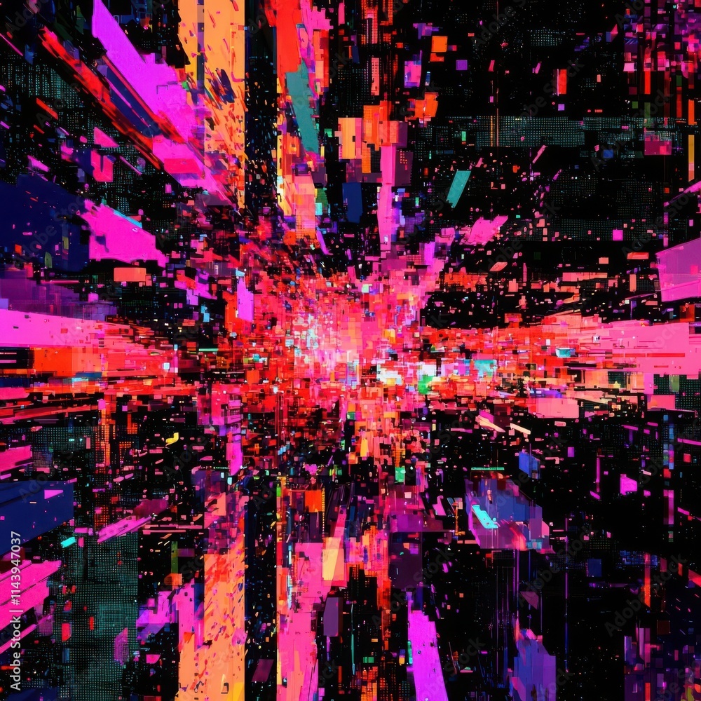 Poster screen damage, glitch texture, fragment data interface, blur error dynamic pixel pattern, abstract d