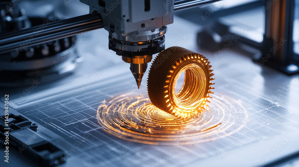 Poster creative digital workspace featuring 3d printer producing intricate designs. scene showcases advance