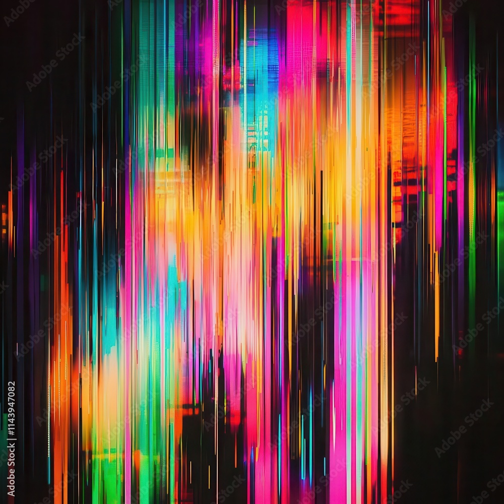 Poster screen damage, glitch texture, fragment data interface, blur error pixel pattern, neon colors, verti