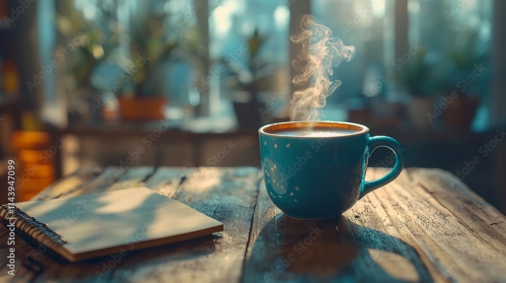Poster close up of a hot steaming cup of coffee placed on a wooden desktop surface with a blurred notebook 