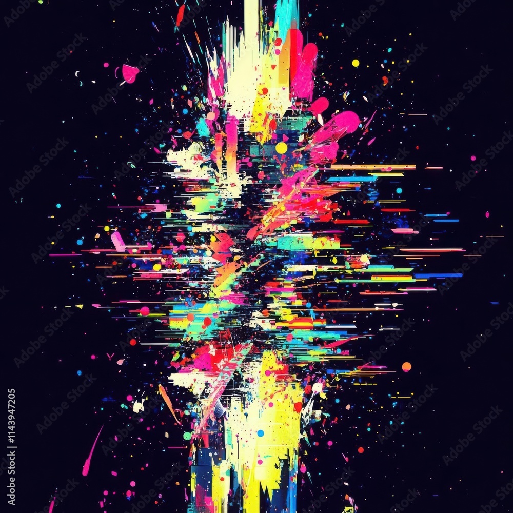Poster screen damage, glitch texture, fragment data interface, blur error dynamic pixel pattern with neon c