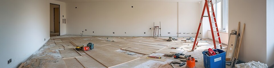 room under renovation with unfinished flooring scattered construction tools and visible ladder