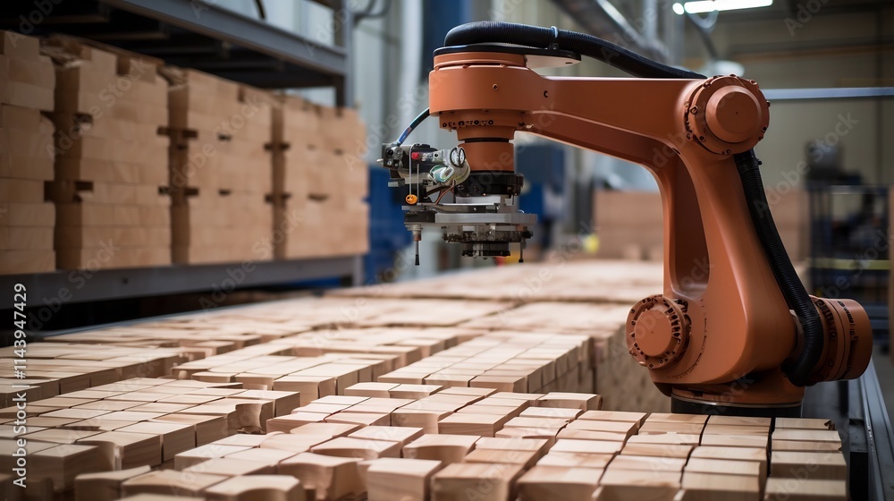 Poster robotic arm precisely assembling wooden panels on an efficient automated manufacturing line