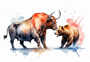 confrontation between bull and bear, fight, watercolor drawing on white background, concept of bear and bull market in investment