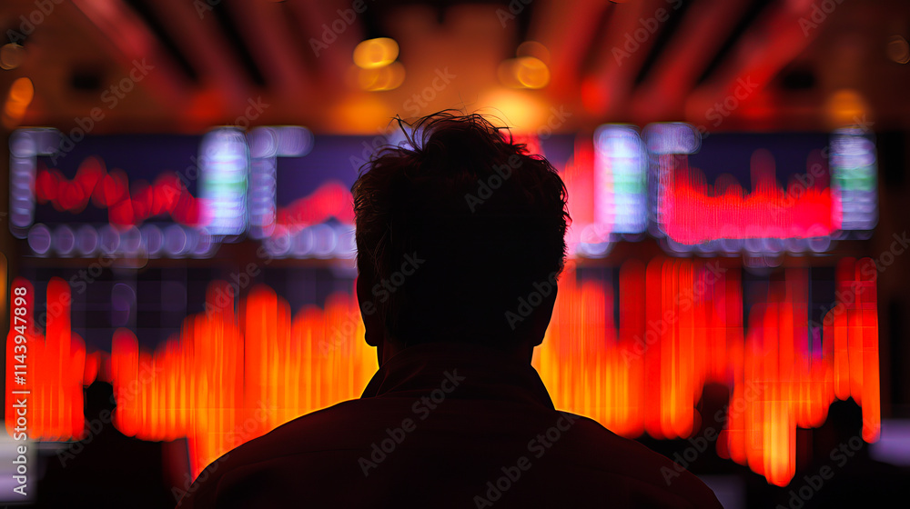 Poster a man analyzing data reports in a dark environment, with glowing digital graphs and charts.