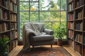 Fototapeta premium A cozy reading nook by the window, with a comfortable chair, a blanket, and bookshelves filled with favorite books, creating a quiet retreat.