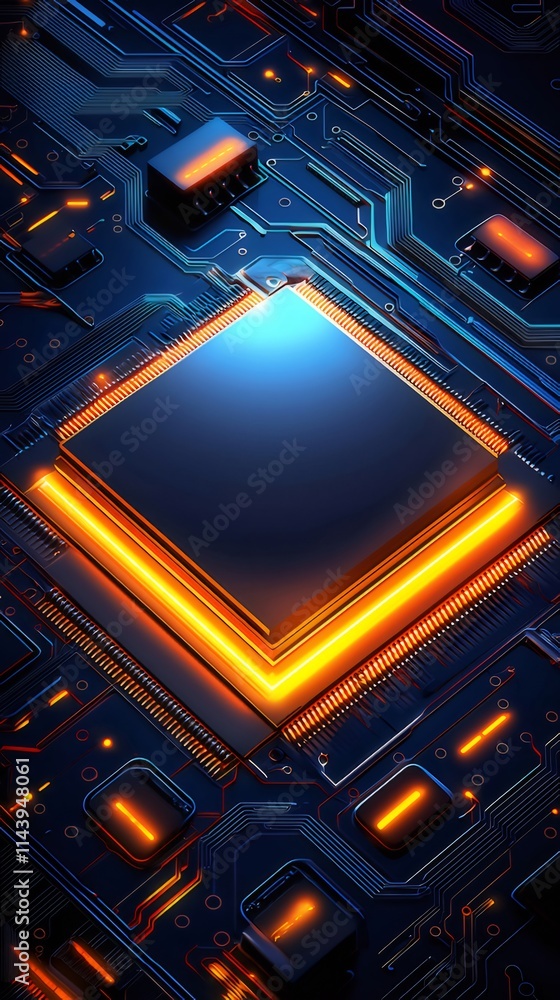 Aufkleber glowing orange square processor on circuit board.