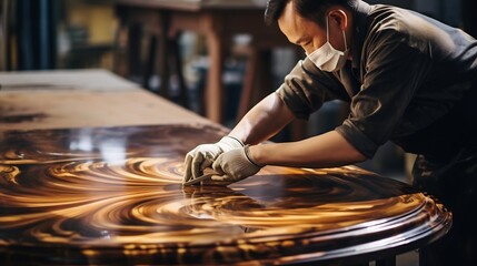 Skilled artisan carefully applying a protective varnish coating to a handcrafted wooden furniture piece in a workshop or production setting