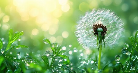 A dandelion flower among green leaves and dew drops
