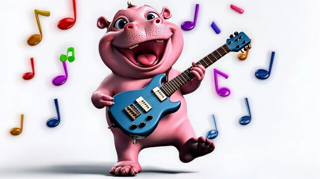 Pink hippo is playing a guitar with a smile on its face. The guitar is blue and the hippo is surrounded by musical notes
