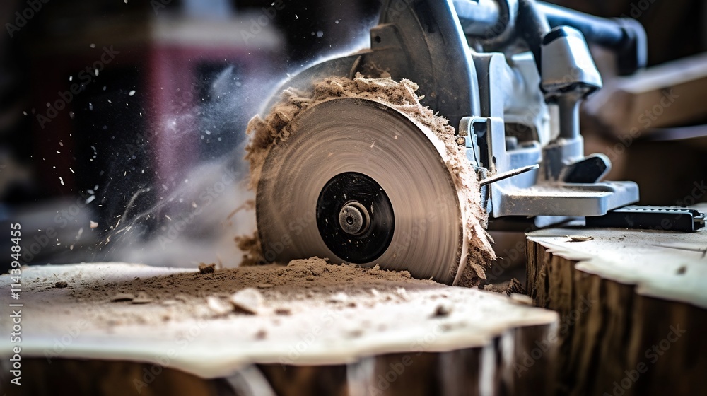 Poster a close up view of a circular saw blade cutting through the grain of a wooden log showcasing the pow