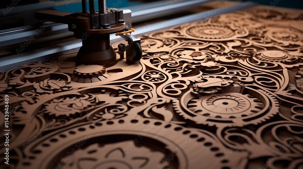 Aufkleber intricate and precise wooden panel with geometric patterns carved by a cnc machine showcasing the cr