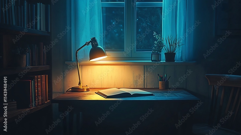 Poster cozy and minimalist home office setup with desk glowing lamp and open notebook in a dimly lit room p