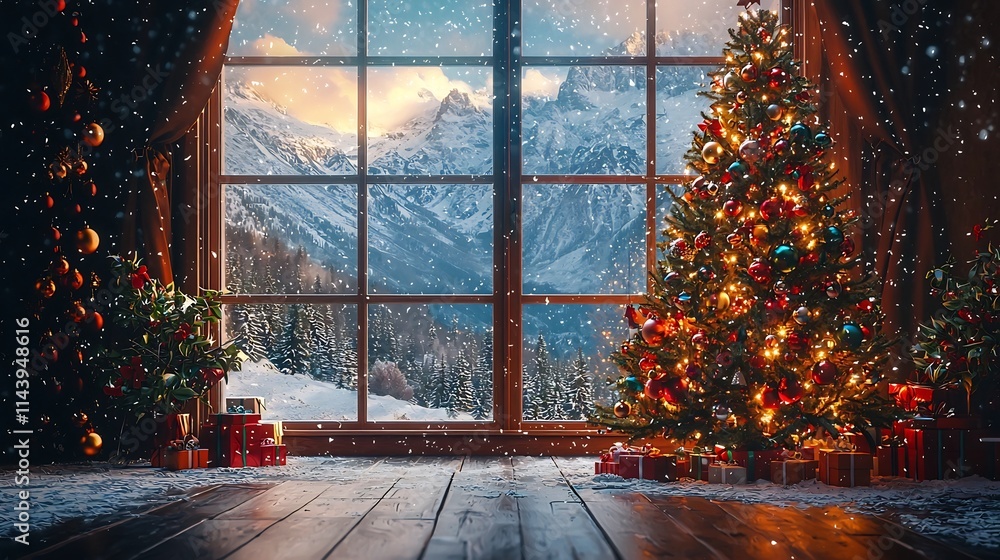 Poster cozy elegant christmas tree standing by a large window with softly falling snow outside its colorful