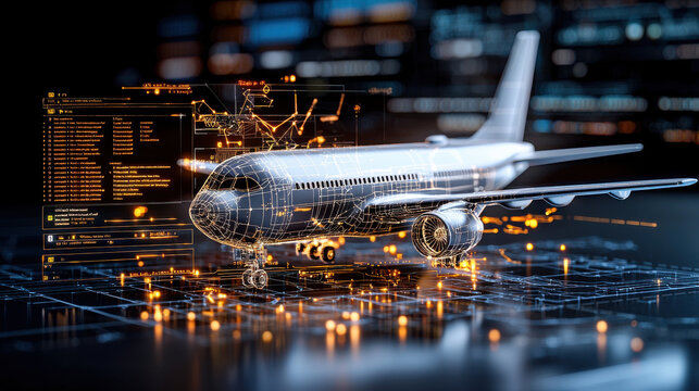 digital aircraft model with live flight tracking and updates displayed on futuristic interface, showcasing advanced technology and data visualization