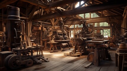Vintage wood processing mill with antique machinery rustic tools and industrial equipment  Old fashioned lumber production and timber manufacturing in a workshop setting