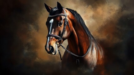 Obraz premium Majestic brown horse portrait against a dark, moody background.