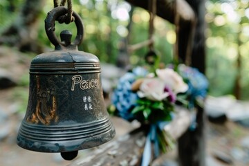 Fototapeta premium Rustic bell with Peace inscription, hanging in a natural forest setting with blurred flowers in the background.